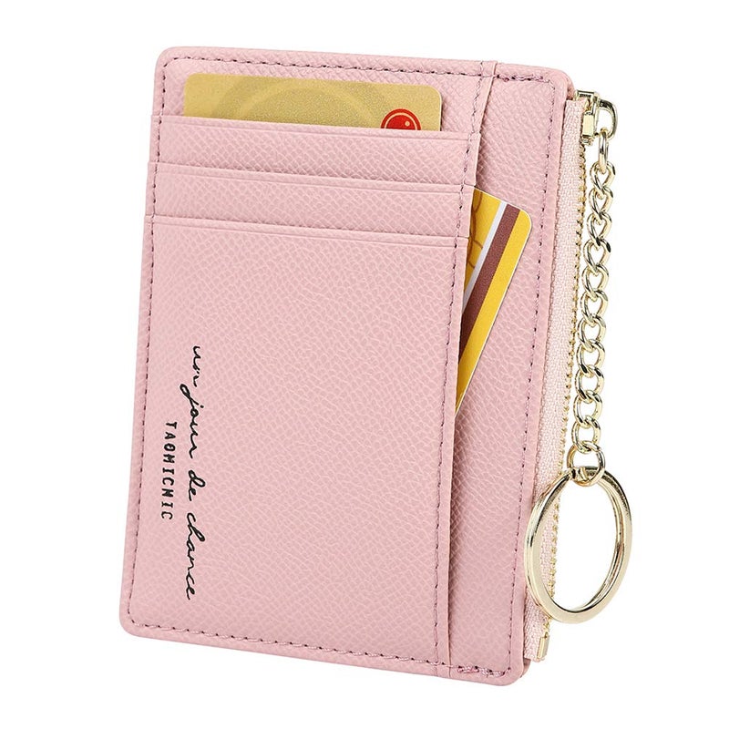Cynure Women's 8 Cards Slim Minimalist Card Holder Coin Changes Purse Keychain Front Pocket Wallet, pink - Image 1